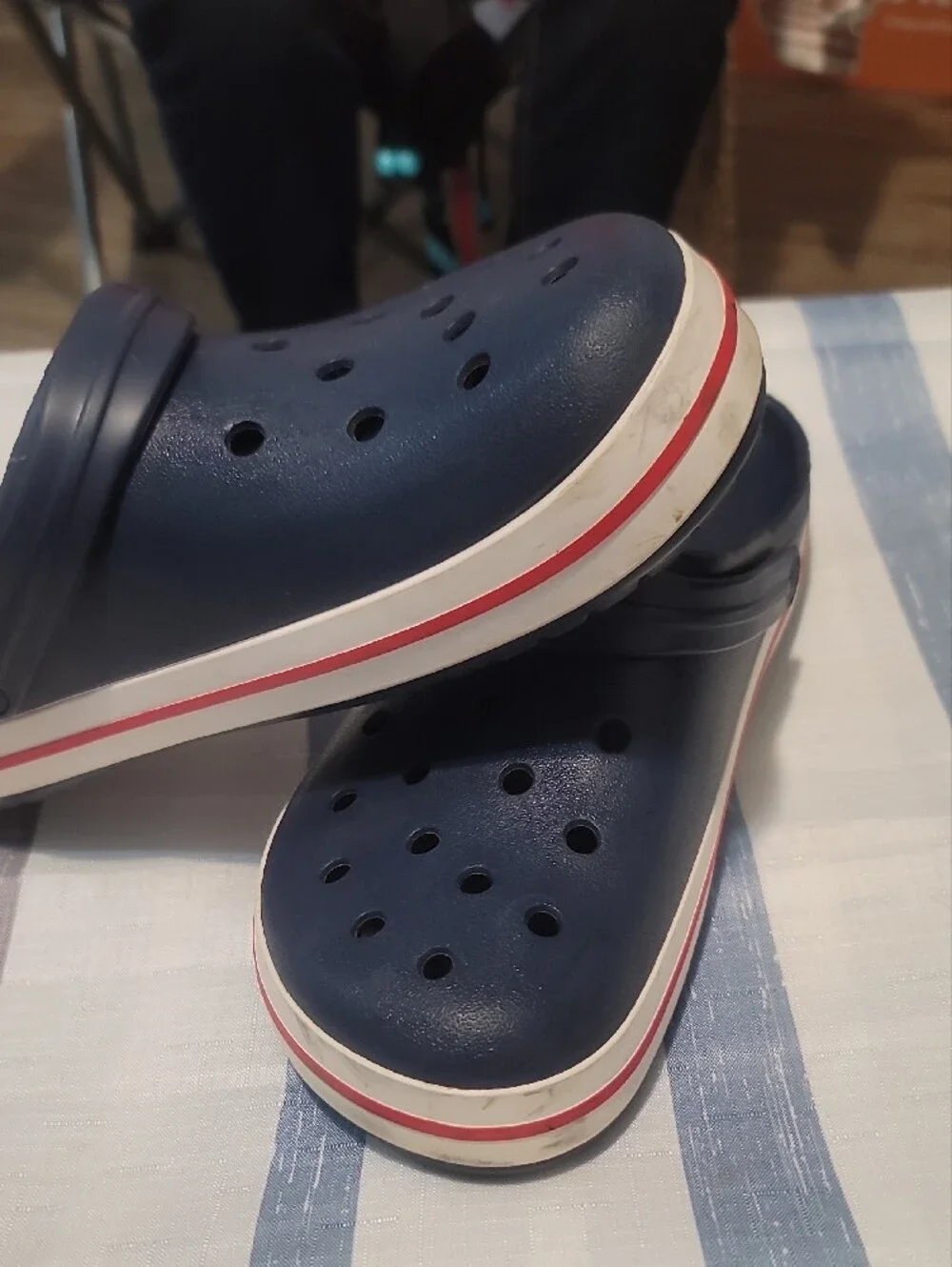 CROCS Kids Navy Clogs with Red and White Stripe
